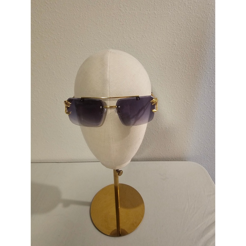 Gold Rimless Rectangle Sunglasses Panther Detail Purple Gradient Lens